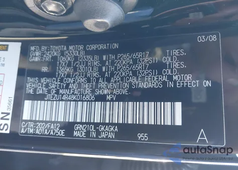 2008 Toyota 4Runner Sr5 V6 from USA, damaged, VIN JTEZU14R48K016806